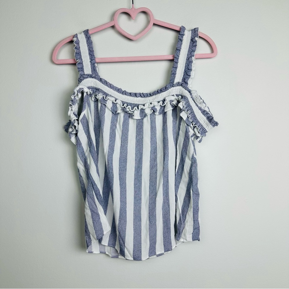 Moa Moa Blue and White Striped Ruffle Off shoulder Tank Top Size Medium